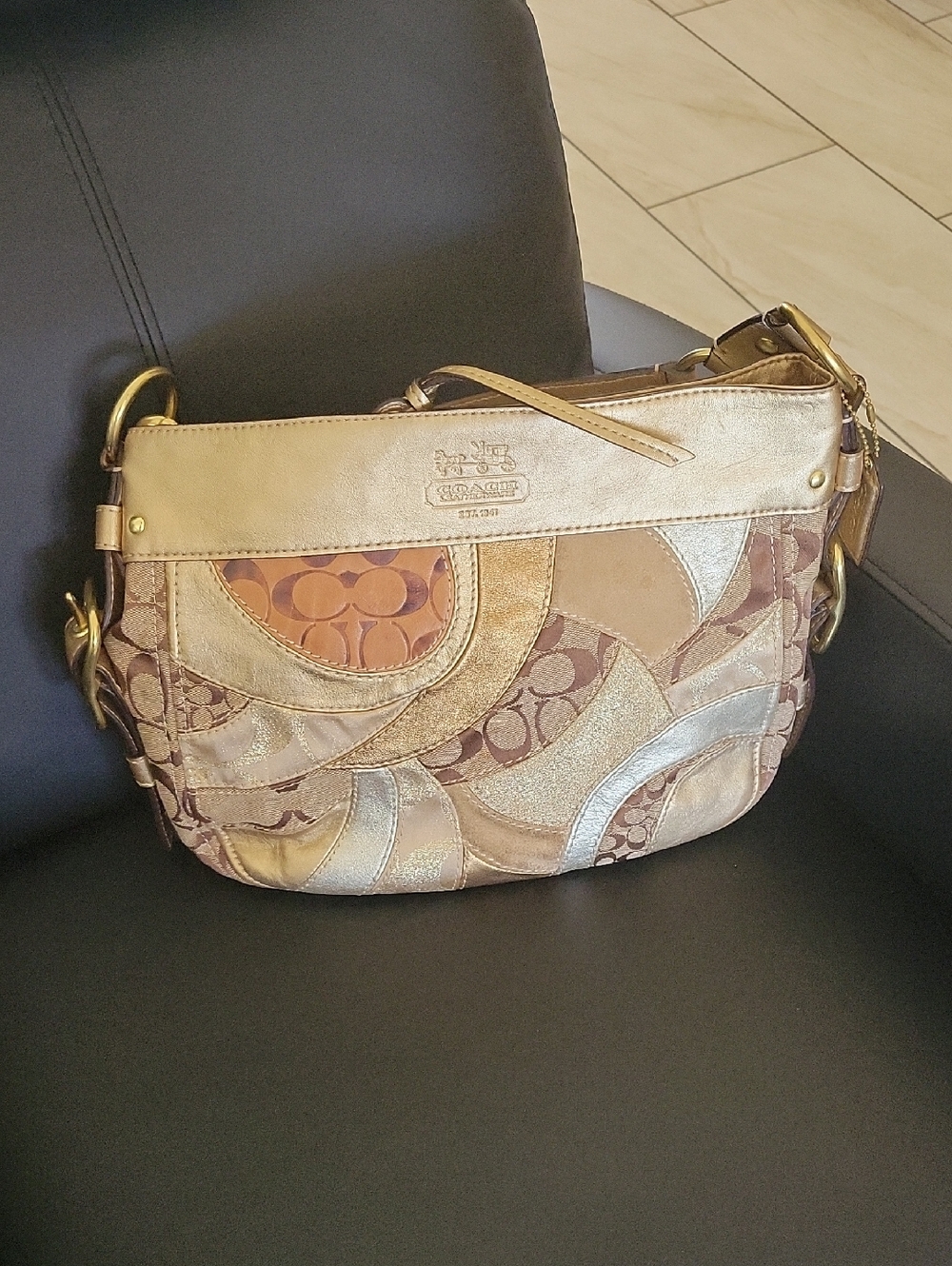 Coach Patchwork Signature Shoulder Bag in Gold and Tan
